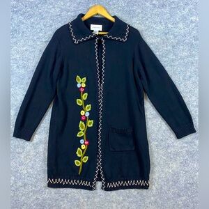Lemon Grass Long Cardigan‎ Sweater Size L Black Floral Embroidered Artsy Boho